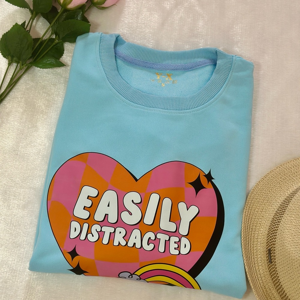 Pastel Blue Cute Oversized Graphic Tee/ Sweatshirt With Pink Heart In Size Small